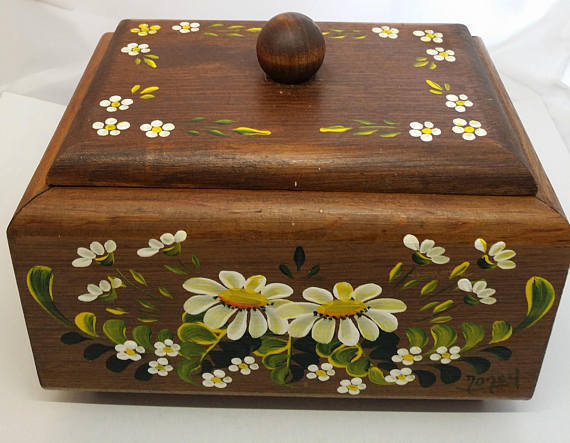 Vintage Hand Painted Wood Box Decorative Covered Floral Daisy Signed Folk Art
