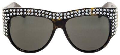 Pre-owned Gucci Hollywood Forever 0144 Brown Havana Crystal Stud Sunglasses Gg0144s Unisex In Gray