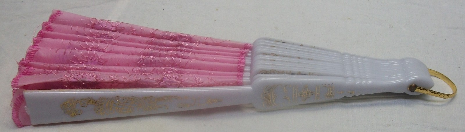 EMBROIDERED PINK FABRIC W/ SEQUINS, WHITE PLASTIC RIBS,  FOLDING HAND HELD FAN