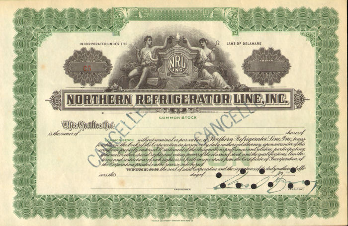 Northern Refrigerator Line NRL stock certificate 19__ canceled share