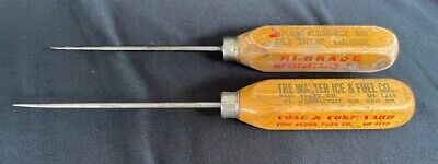 Two (2) Vintage Wood Handled Ice Picks, with advertising, Early 1900s