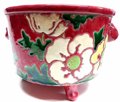 Antique Pottery Earthenware Floral Ferner, Cache Pot Bowl Sheep Handle Planter