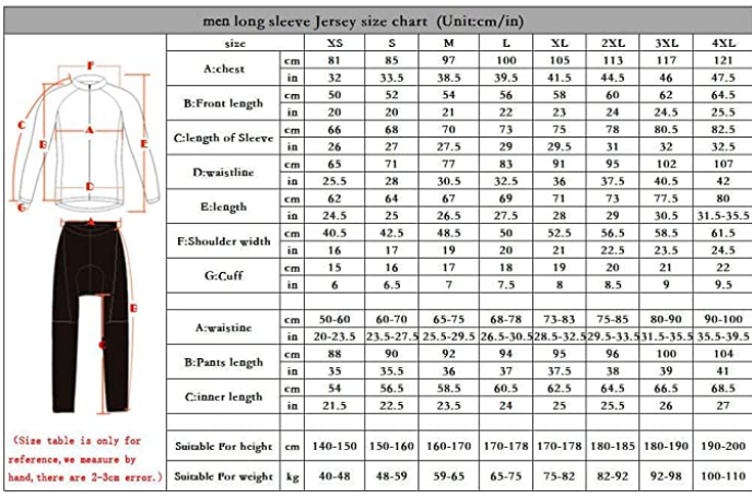 (USA seller) Big & Tall Men's Cycling Long Sleeve Set Bicycle Shirt + Bib Set