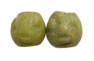 Face, Green People Beads, 2 Piece Set, Carved Stone, 18 mm, Very Old