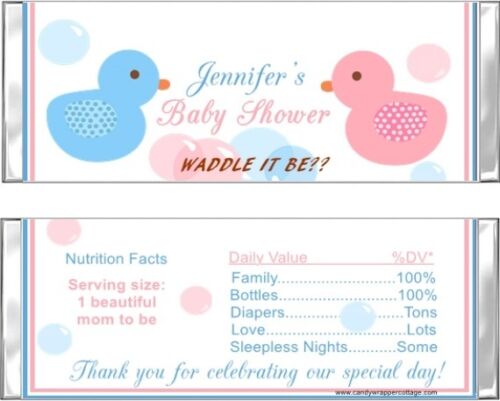 20 GENDER REVEAL Duck Blue Pink Personalized Baby Shower Candy Wrappers Favors