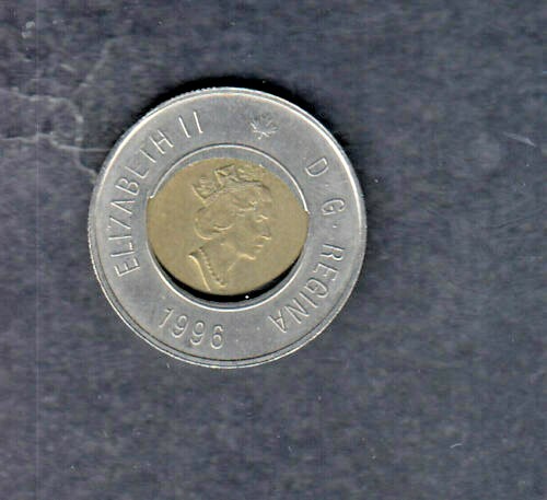 1996 CANADA  2 DOLLARS  MAJOR OFF CENTER AND SHIFT CORE ERROR