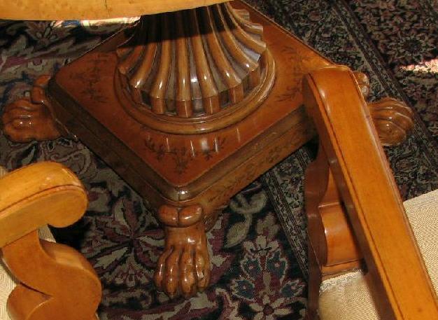 Vienna parquetry hardwood pedestal table & four arm chairs. Circa 1800