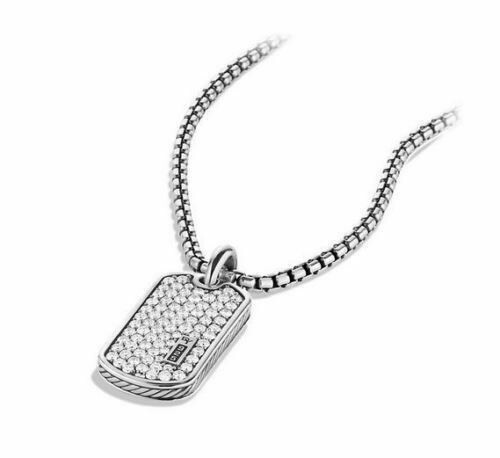 New DY Mens Sapphire Round Stone Dog Tag Pendant 925 Silver White 40x20 MM