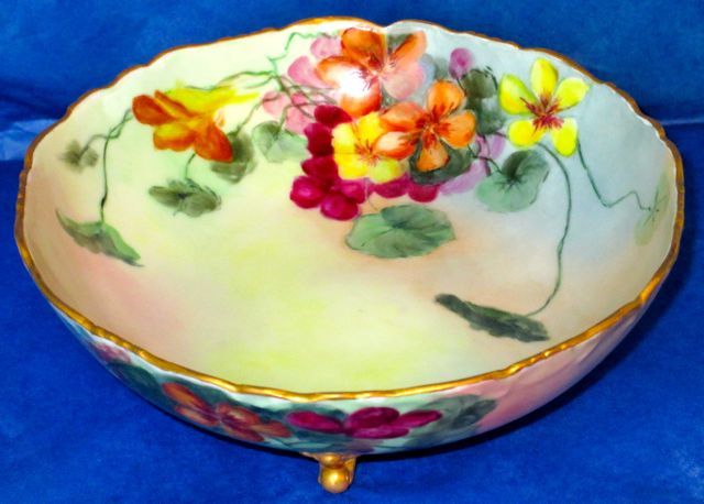 LIMOGES France Antique Hand Painted Nasturtiums Porcelain Large Footed Bowl
