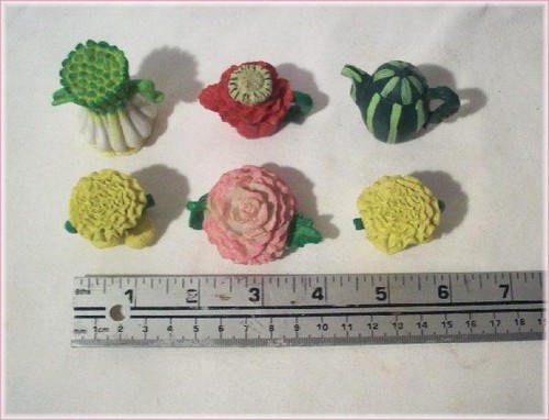 6 PC Collectible Flower & Vegetable Miniature Tea Pots - Onion Watermelon + more