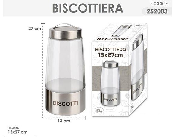 Biscottiera Vetro Acciaio Contenitore Barattolo Biscotti Multiuso 13x27cm