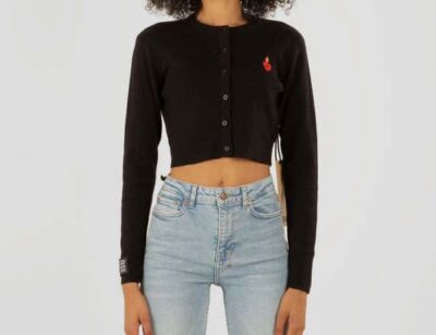 $240 Ksubi Women's Black Cropped Button-Front Embroidered Cardigan Size L