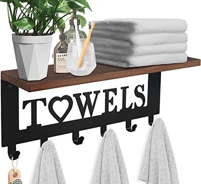 Rustic Towel Rack Towel Holder with Wooden Shelf for Bathroom,Minimalist