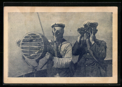 AK Soldiers of the Baltic Fleet in Gas Masks on the Deck of a Warship