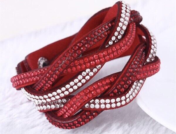 NEW Braided Crystal Double Wrap Ballroom Bracelets – Set of 2 Red