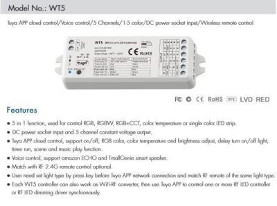 Tuya WIFI 5in1 led strip controller dimmer RGB RGBW RGBCCT RF smart Remote WT5