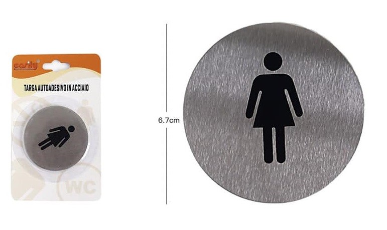 Targhetta Targa Adesiva Acciaio Piatto Donna Woman Porte Bagno 6,7cm dfh