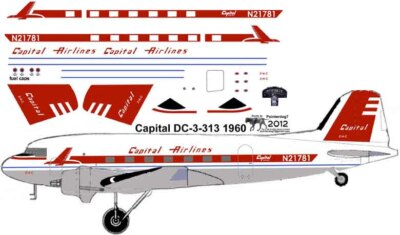 Capital Airlines final livery Douglas DC-3 Pointerdog7 decals for Testors 1/72