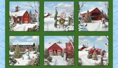 Christmas Farm Barn Bridge Fabric Scene Cotton 13002 Elizabeths Studio 24'' Panel