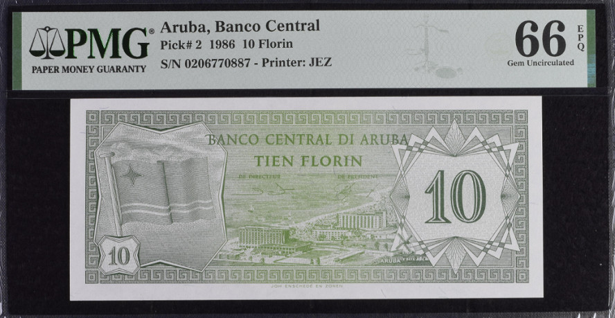 Aruba 10 Florin 1986 P 2 a Gem UNC PMG 66 EPQ Palm Beach’s Aruba