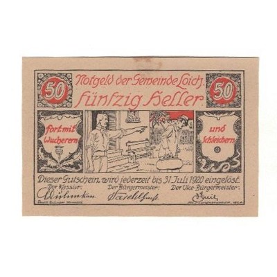 [#324748] Banknote, Austria, Loich N.Ö. Gemeinde, 50 Heller, texte 1, 1920, 1920