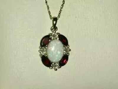 2.00Ct Oval Cut Lab Created Fire Opal Garnet Halo Pendant 14K White Gold Plated