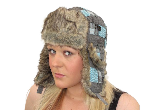 Womens Trapper Hat Blue Grey Patchwork Faux Fur Ear Warmer Cozy Comfort