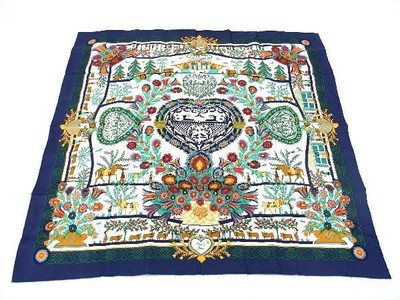 Hermes Scarf Decoupages 90 cm silk navy blue Carre christmas snow cutout 35''