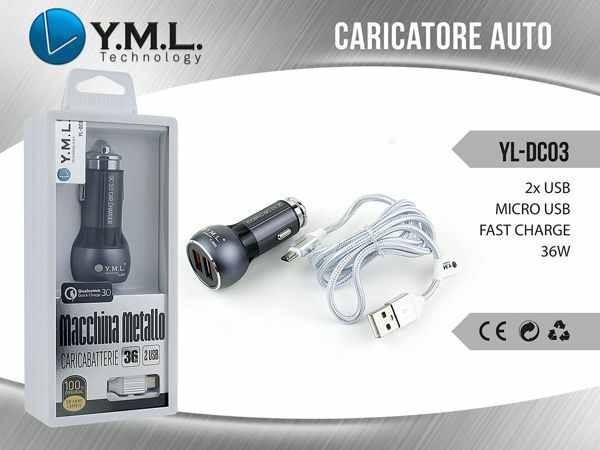 Caricabatteria Da Auto 2 Ingressi Usb 36W Fast Cavo Microusb YL-DC03 mar
