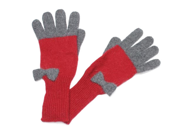 Ladies Winter Knitted Gloves Red Grey Bow Long Cuff Soft Wool Mix