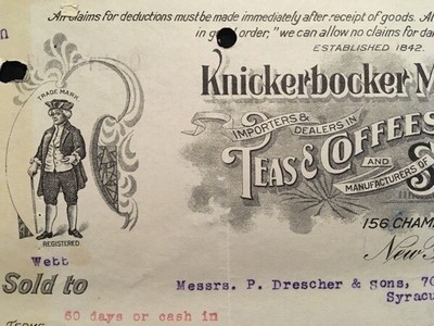 USED BILLHEAD 1916 KNICKERBOCKER MILLS NEW YORK TEAS & SPICES ILLUS COLONIAL MAN