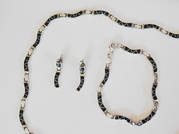 Vintage Black Onyx Inlay & Sterling Silver Necklace, Bracelet & Earring Set,sgnd