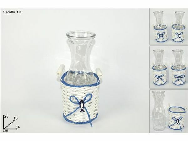 Cesto In Vimini Fantasia Marina Con Caraffa Brocca In Vetro Da 1Lt  dfh