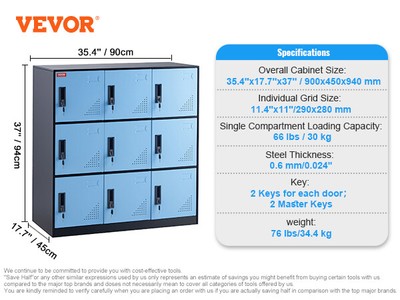 Metal Locker for Employees 9 Doors Storage Cabinet with Card Slot & Lock 66lbs L