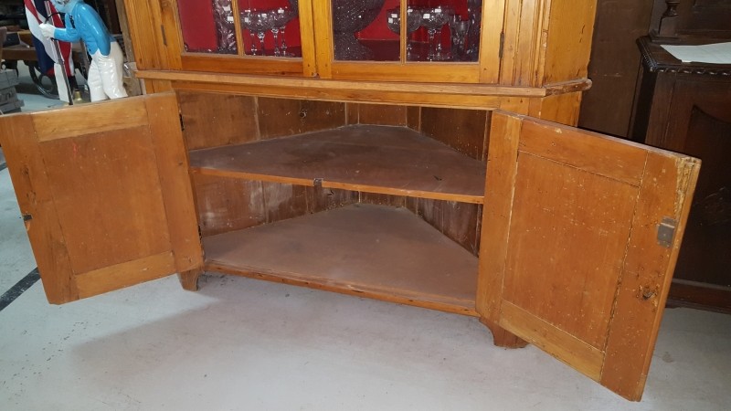 1700's Early 1800's Very Tall & Wide Pine Wood & Wavy Glass Corner Cabinet