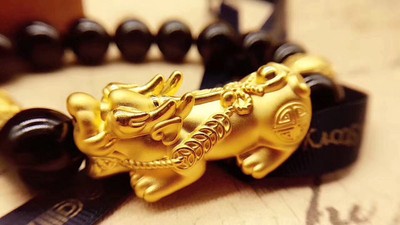 Pre-owned Yuxi Pure 24k Yellow Gold Bracelet /man Woman 3d Lucky Pixiu Link 8mm Mblack Obsidian