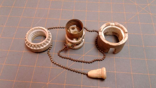 Electric Light Pull Chain Bulb Socket and Porcelain Housing Circa 1910 Antique