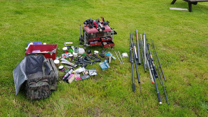 fishing kit, tattle and rods and new rod carry bag/holdall