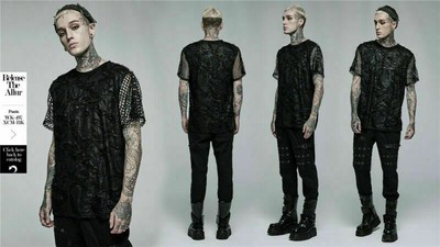 PUNK RAVE Men Goth Daily Knited Broken Holes Splices Mesh Short Sleeve T-shirt