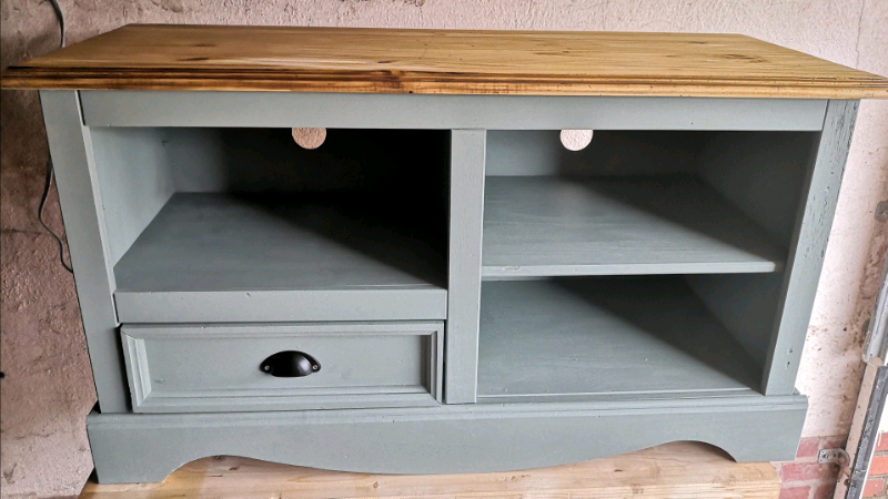 Fully Refurbished Solid Pine Tv Cabinet In Dovetail Green In Exeter