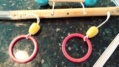 HTF Vtg Wooden Baby Stroller Crib Toy Hanging Spin Toy Plastic Rings EUC