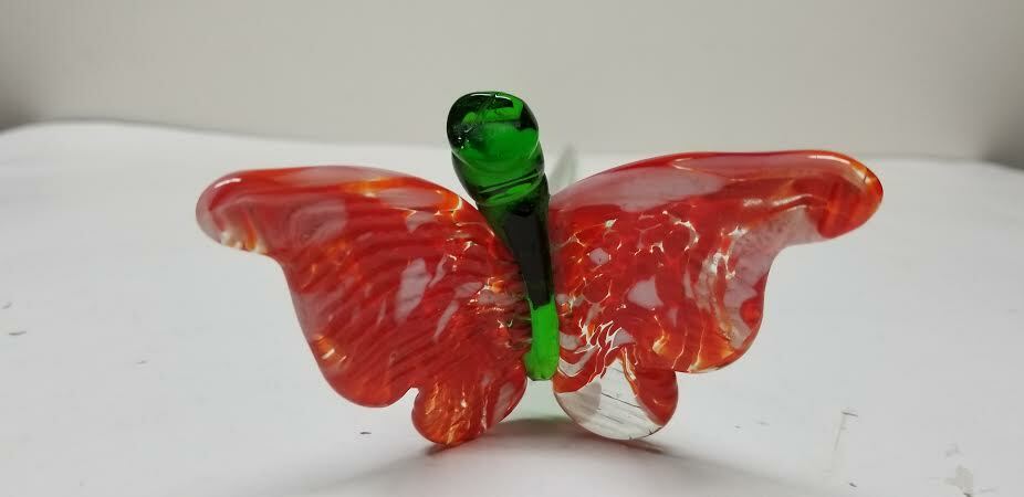 MURANO ART STYLE RED WHITE MARBLE SPECKS BUTTERFLY LONG STEM GLASS FLOWER 19.75