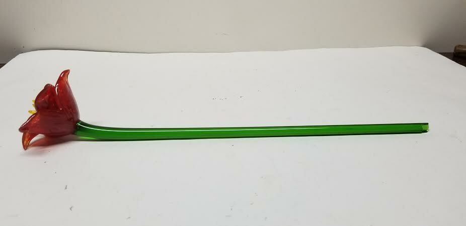 MURANO ART STYLE RED / PERSIMMON MARBLE LONG STEM GLASS FLOWER 15 3/4