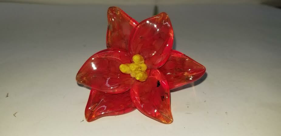 MURANO ART STYLE RED / PERSIMMON MARBLE LONG STEM GLASS FLOWER 15 3/4