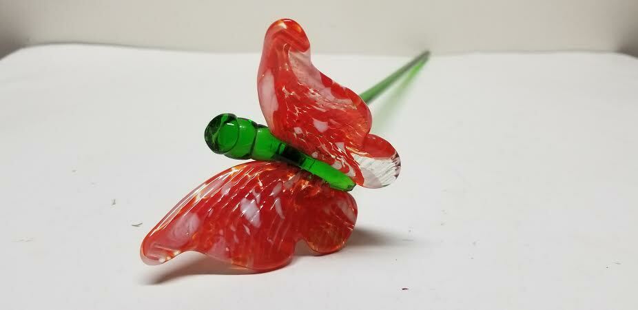MURANO ART STYLE RED WHITE MARBLE SPECKS BUTTERFLY LONG STEM GLASS FLOWER 19.75