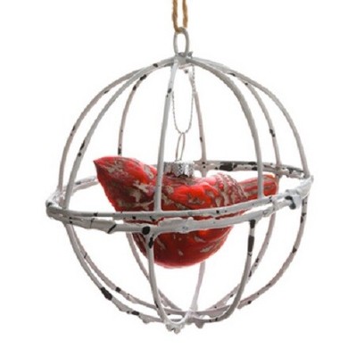 Allstate 4''  Distressed Cardinal in Wood Like Ball Cage Christmas Ornament