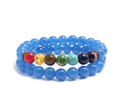 Light Blue Natural Stone 7 Chakra Yoga Beaded Elastic Bracelet Wristband