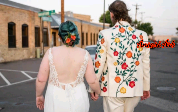 Pre-owned Art Men Custom 2 Piece Western Suit Notch Lapel Floral Embroidered Western Wedding In White