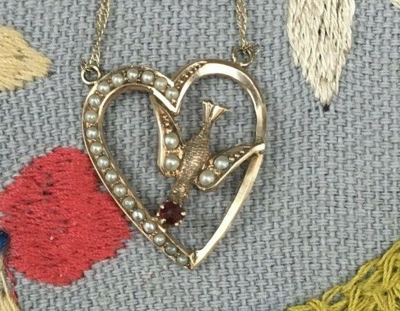 Antique Art Nouveau 10k Heart Swallow Pendant Necklace Garnet