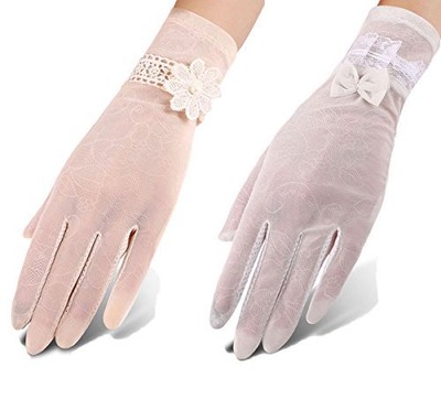 Women UV Protection Lace Gloves Anti Slip Touch Screen Driving Pack Of 2 BEIGE W